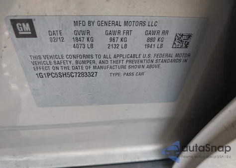 2012 Chevrolet Cruze Ls from USA, damaged, VIN 1G1PC5SH5C7283327